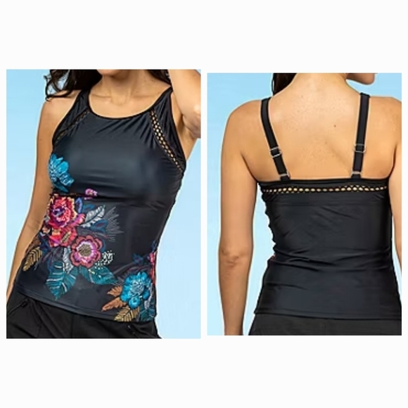 Free Country Black Macrame Floral Print Quick Dri Tankini Swim Top Sz M NEW - Picture 1 of 16